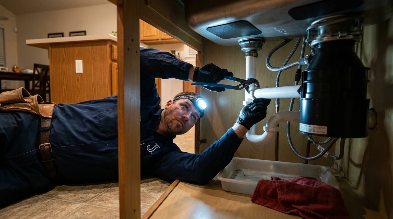 P-trap and supply line connections under a kitchen sink showing a common leak point in Aspen, CO